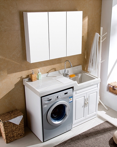 PVC white medium bathroom cabinet can put washing machine