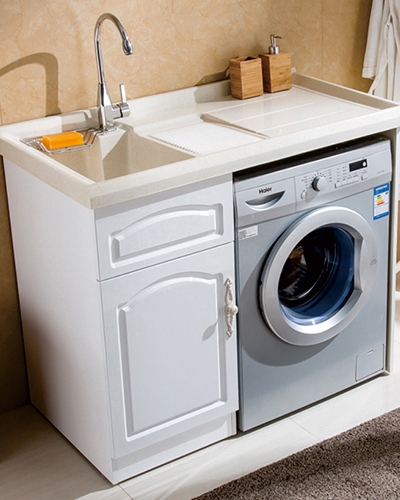 PVC white medium bathroom washbasin cabinet can put washing machine