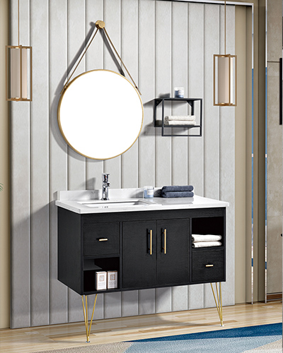 Solid wood modern black round mirror large bathroom cabinet