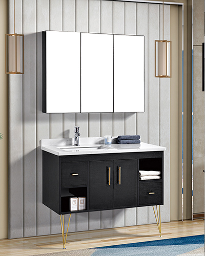 Solid wood modern black square mirror large bathroom cabinet